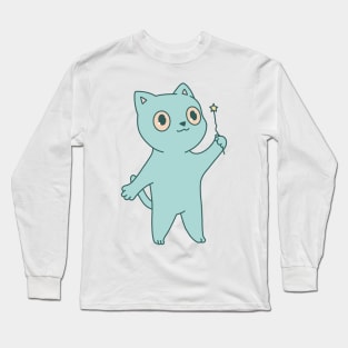 Cute blue cat illustration magic wand Long Sleeve T-Shirt